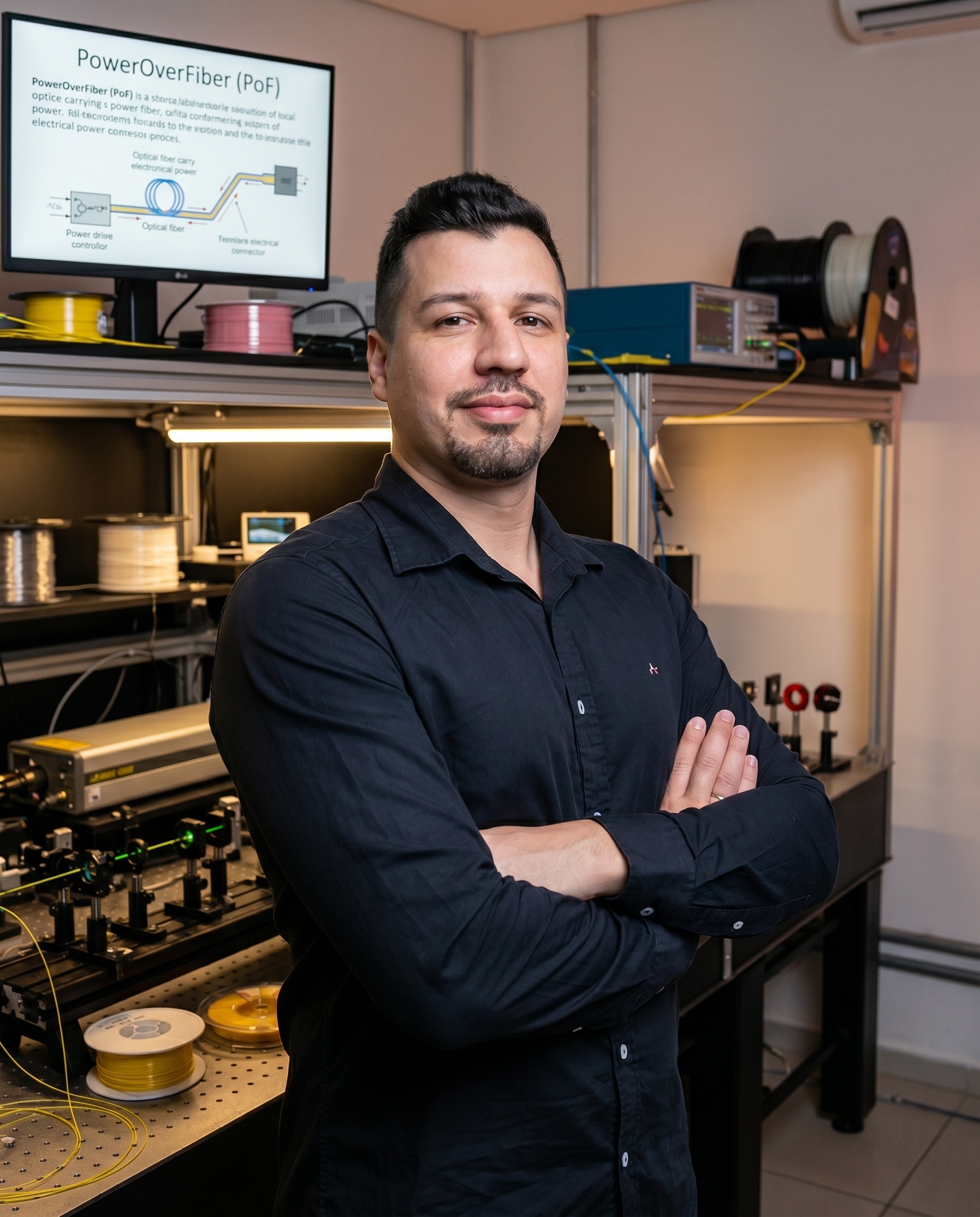 Retrato do engenheiro responsável técnico em laboratório de fotônica